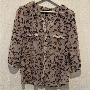 Elegant Butterfly Print Blouse - Beige and Black
